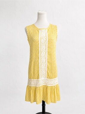 Vintage Yellow Gingham Lace Trim Sleeveless Drop Waist Mini Dress Cottagecore L